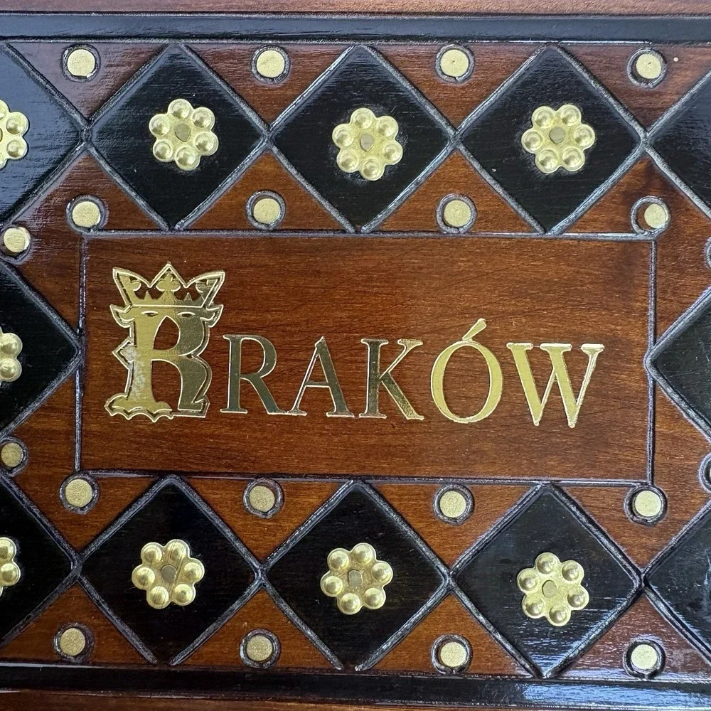 Vintage Kraków Poland Wooden Trinket Jewelry Box Gold Tone Metal Accent Souvenir